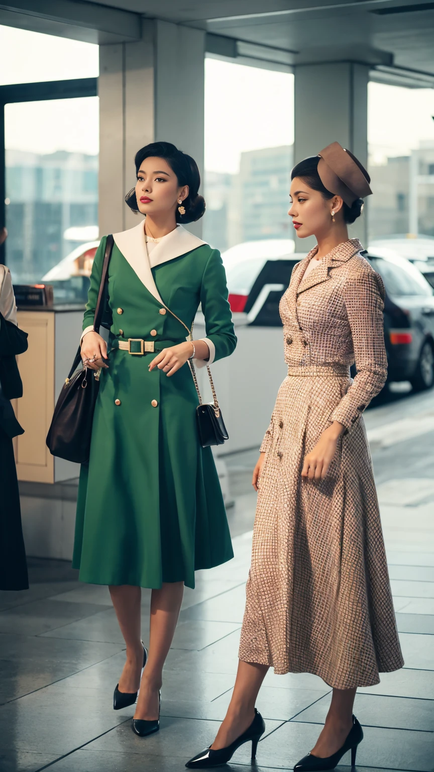 The fashion style of the 50s was characterized by elegance and conservatism.，The most fashionable outfits include：

A-line skirt：A-line skirt是50年代女性的标志性单品，It cinches at the waist，The skirt flares outwards，Elegant and suitable for all body types。