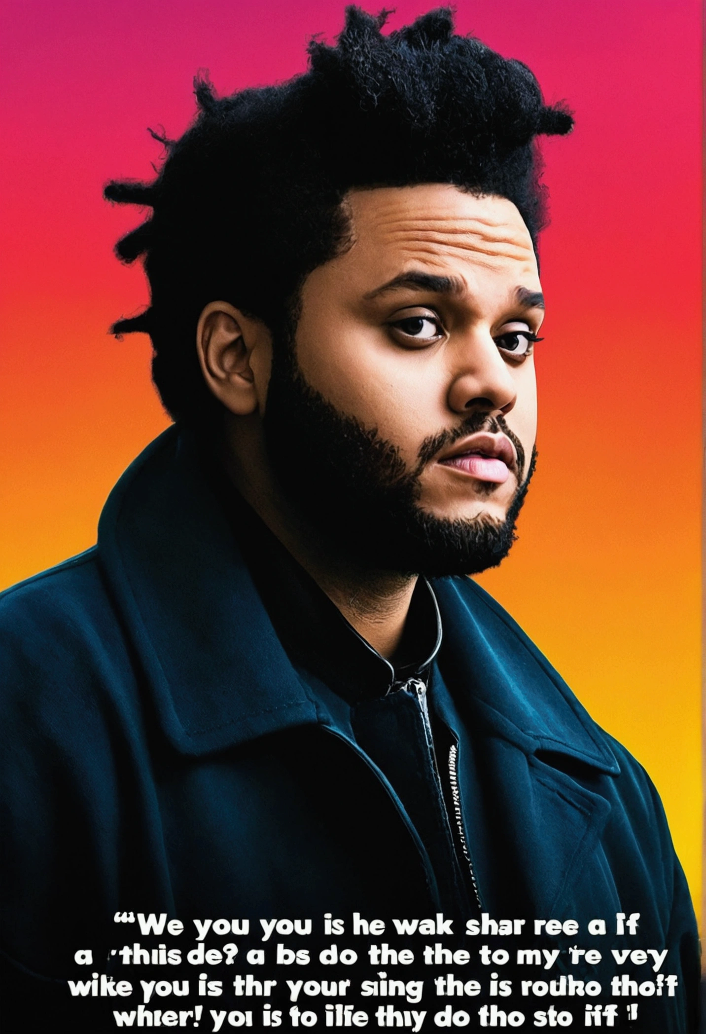 Make a poster of the weeknd with a background complete with lyrics from their song reminder and a photo of the weeknd animated that says