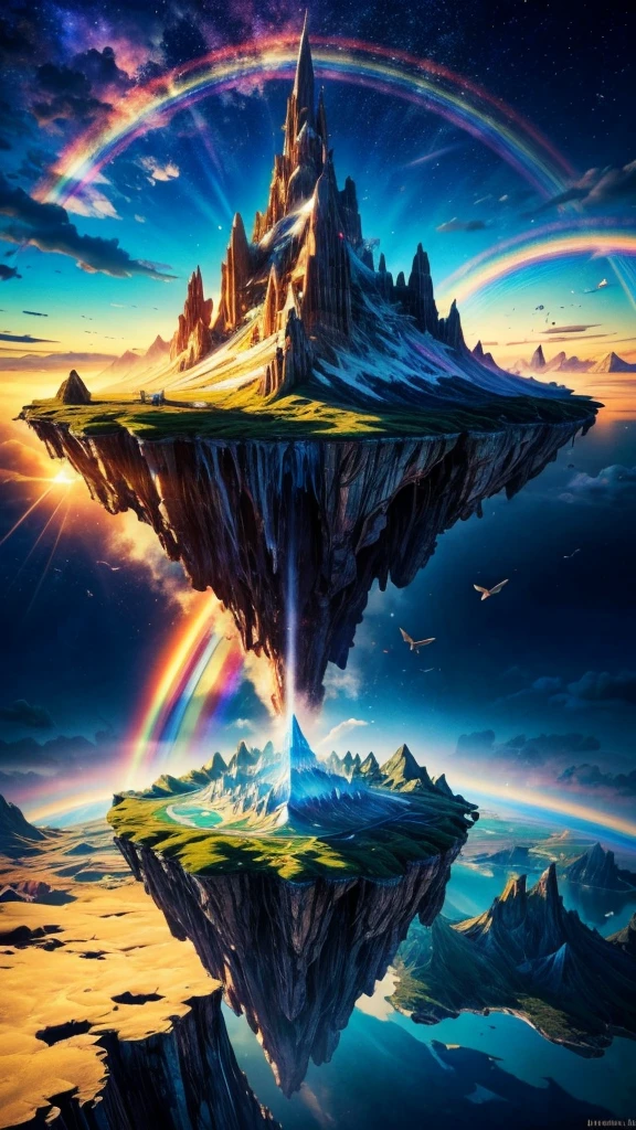 A mysterious floating island in the sky, people flying around, a rainbow bridge connecting the island
(best quality,4k,8k,highres,masterpiece:1.2),ultra-detailed,(realistic,photorealistic,photo-realistic:1.37),magical floating island,people flying,rainbow bridge,intricate details,vibrant colors,dramatic lighting,cinematic composition,fantasy landscape,surreal atmosphere,ethereal,mystical,whimsical,dreamlike