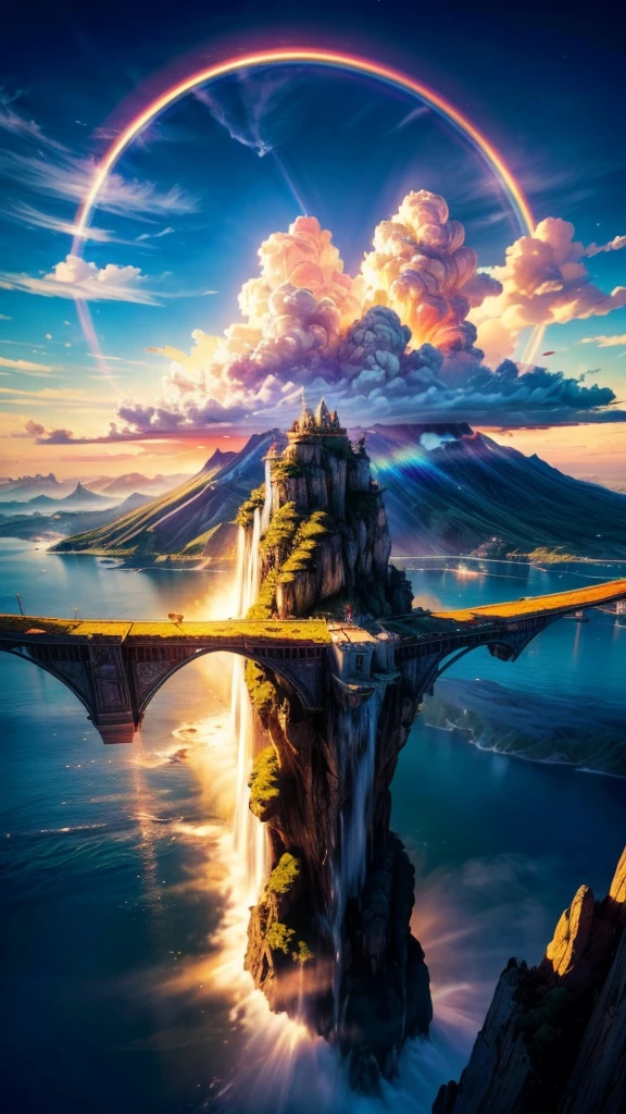 A mysterious floating island in the sky, people flying around, a rainbow bridge connecting the island

(best quality,4k,8k,highres,masterpiece:1.2),ultra-detailed,(realistic,photorealistic,photo-realistic:1.37),magical floating island,people flying,rainbow bridge,intricate details,vibrant colors,dramatic lighting,cinematic composition,fantasy landscape,surreal atmosphere,ethereal,mystical,whimsical,dreamlike