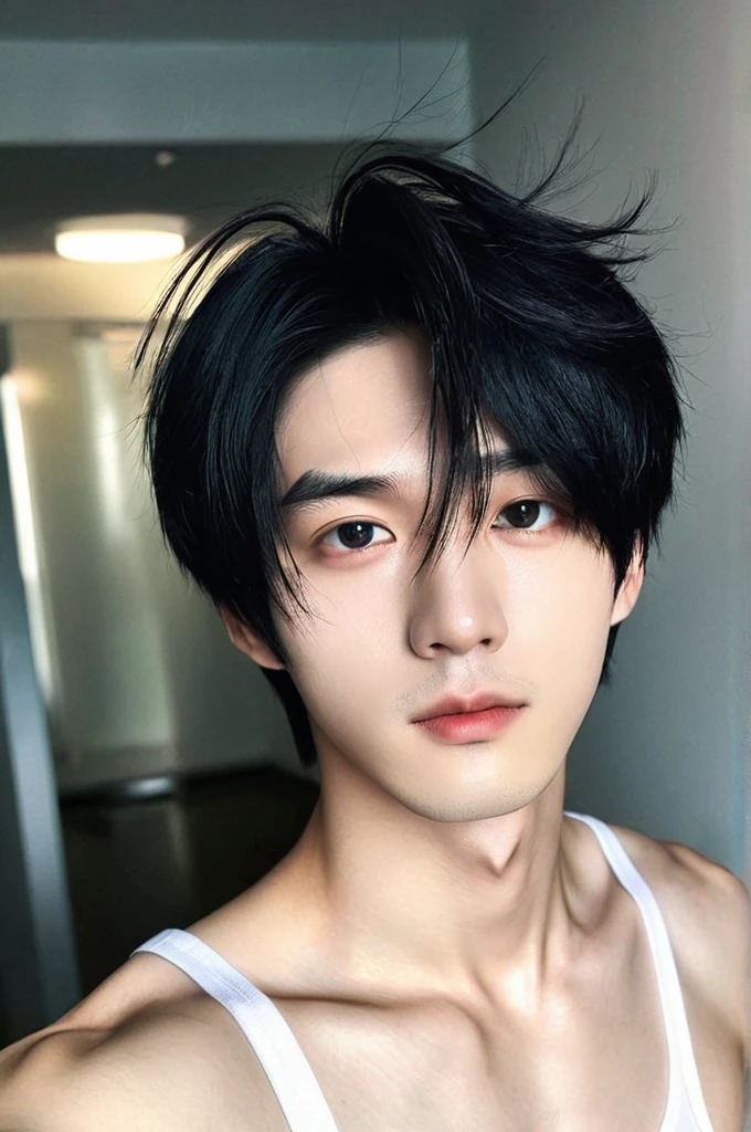 One boy, Young man with black hair (Mash Straight Hair),Male K-Pop Idols, Levi Ackerman, Medium portrait,chop, Beautiful Model, Oval Face, Vivid,Selfie,(In a dark room),The whole body is shown
