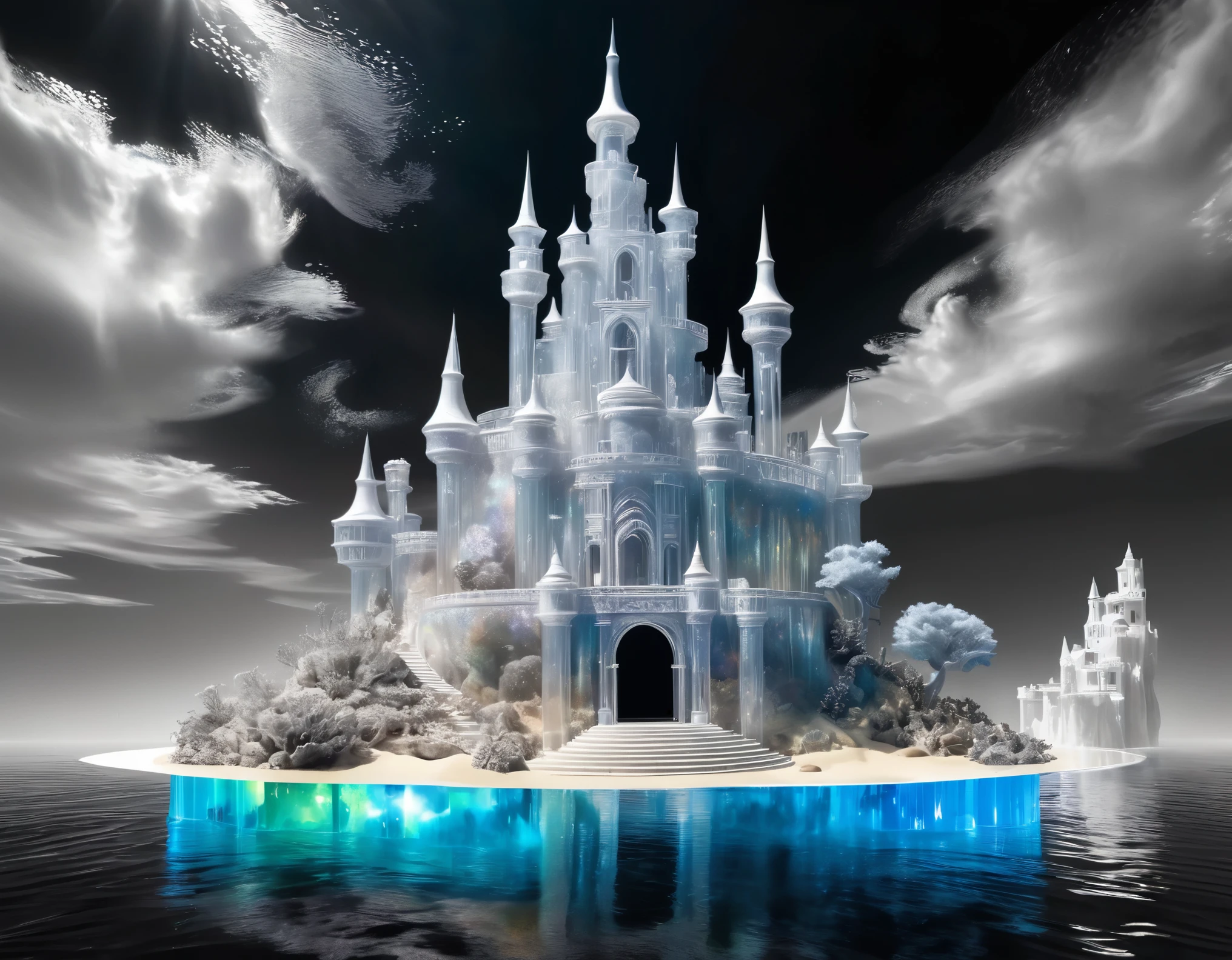 dried sea, sand made of galaxies, transparent translucent ancient castle with complex shape in the Northern Renaissance style, cylindrical waterfall, small fish swimming in the air, black and white coral, mysterious island landscape carved by God, conceptual installation pop art, 2.5D, delicate and dynamic, iridescent sun light effects, colorful effects