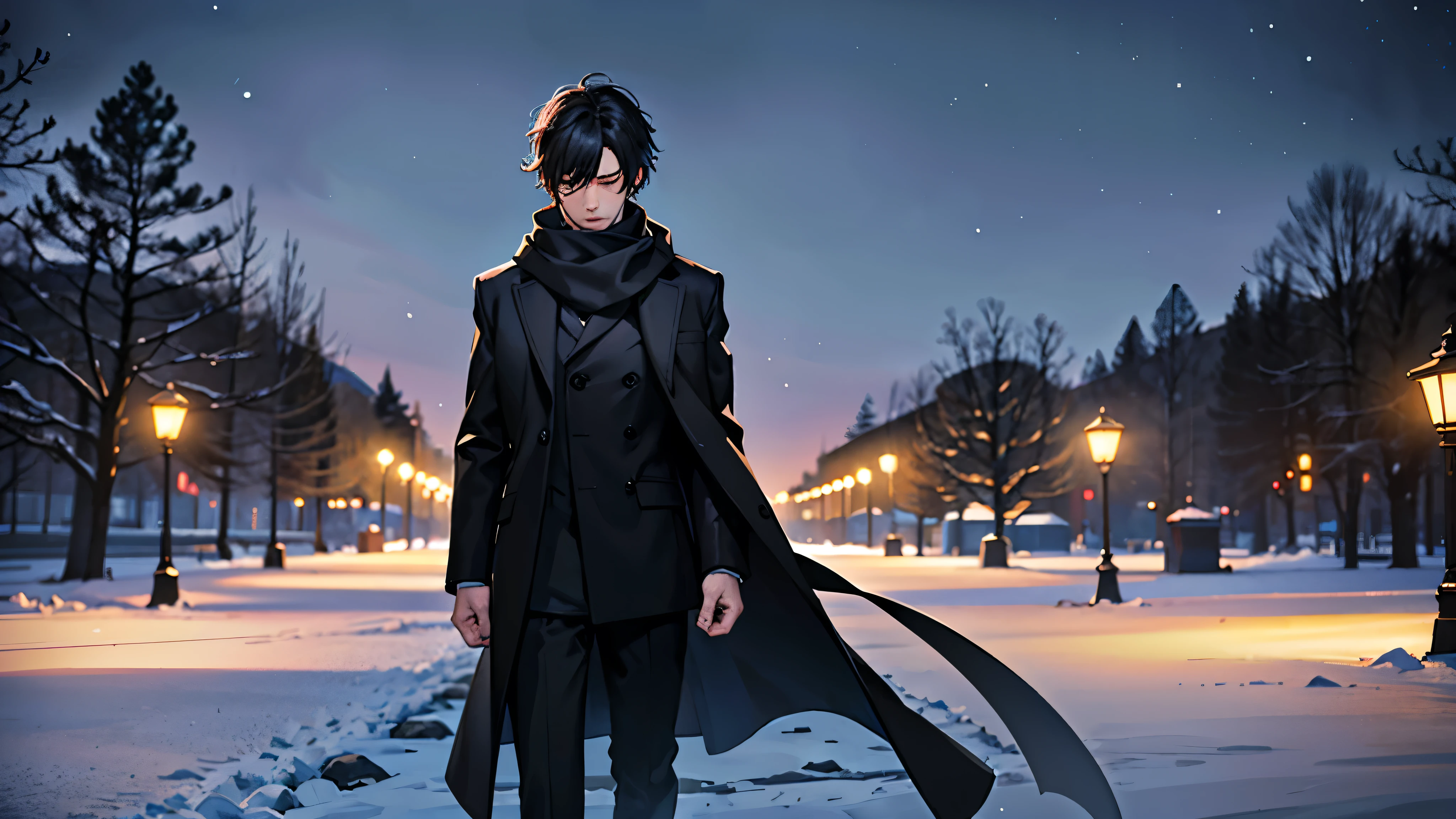 Pitch black suit、Winter Park、Snow is piling up、Standing in the park with head bowed、Scarf and black jacket、Night Park, close your eyes, 超High resolution, High resolution, Highest quality, 8k