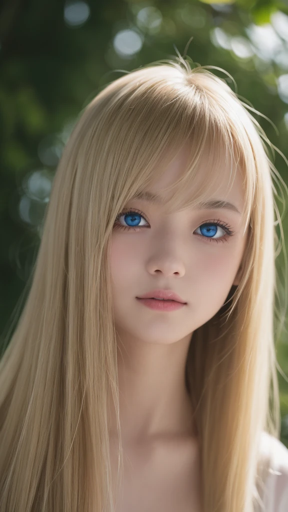 Smile、Raw photography、(((Portrait of extreme beauty)))、((glistning skin))、1 girl、16 year old beautiful girl in Prague、((The most beautiful blonde hair in the world))、[beautiful glowing blue eyes]、White shiny skin、Cheek luster、Silky Super Long Straight Hair、eye liner、bangs that grow long enough to hide the eyes,,,,,,,,,, Nose and Mouth,、Hair between the eyes、Fluttering hair、bright expression、((​masterpiece、top-quality、Ultra-detail、Film Light、Glowing big light blue eyes、intricate-detail、hight resolution、8k、ighly detailed))、Detailed background、8k UHD、Digital SLR、Soft light、hightquality、Film grain、fujifilmxt3 、Shallow depth of field、natural soft light、（No hands）、Kamimei、Sareme、