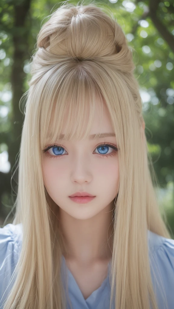 Smile、Raw photography、(((Portrait of extreme beauty)))、((glistning skin))、1 girl、16 year old beautiful girl in Prague、((The most beautiful blonde hair in the world))、[beautiful glowing blue eyes]、White shiny skin、Cheek luster、Silky Super Long Straight Hair、eye liner、bangs that grow long enough to hide the eyes,,,,,,,,,, Nose and Mouth,、Hair between the eyes、Fluttering hair、bright expression、((​masterpiece、top-quality、Ultra-detail、Film Light、Glowing big light blue eyes、intricate-detail、hight resolution、8k、ighly detailed))、Detailed background、8k UHD、Digital SLR、Soft light、hightquality、Film grain、fujifilmxt3 、Shallow depth of field、natural soft light、（No hands）、Kamimei、Sareme、