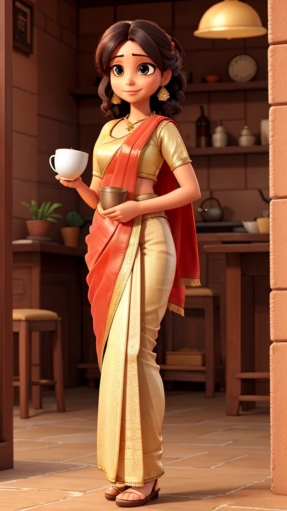 a woman wearing a saree and drinking coffee