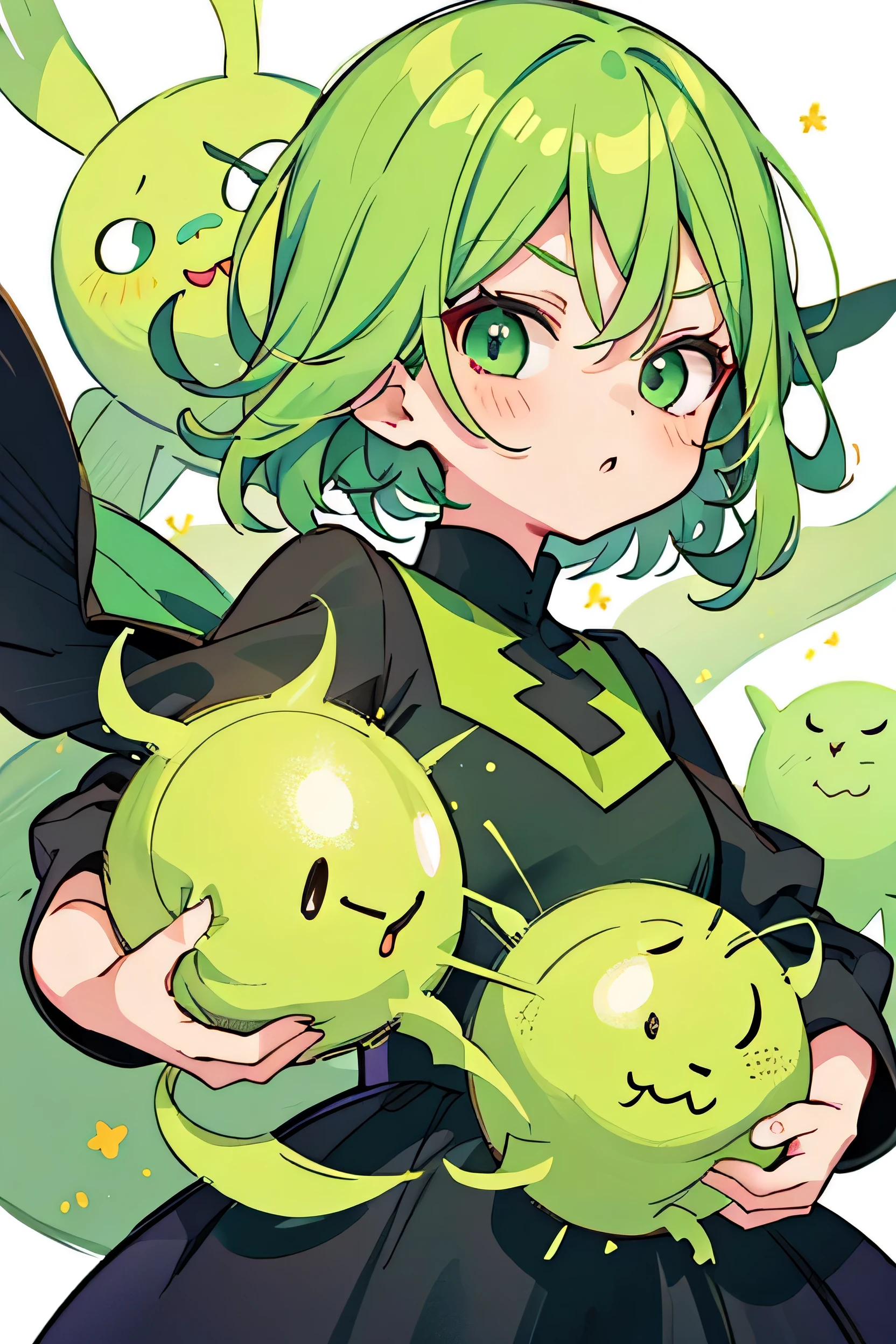 Anime girl with green hair and black dress, Anime drawing by Shitao, Pixiv, Fantasy art, top rated on Pixiv, at Pixiv, Tatsumaki from one punch man, Beautiful Anime Girls,Jack-o&#39;-challenge pose, Bend your body, Enchanting anime girl, Anime girl crouching, Tatsumaki