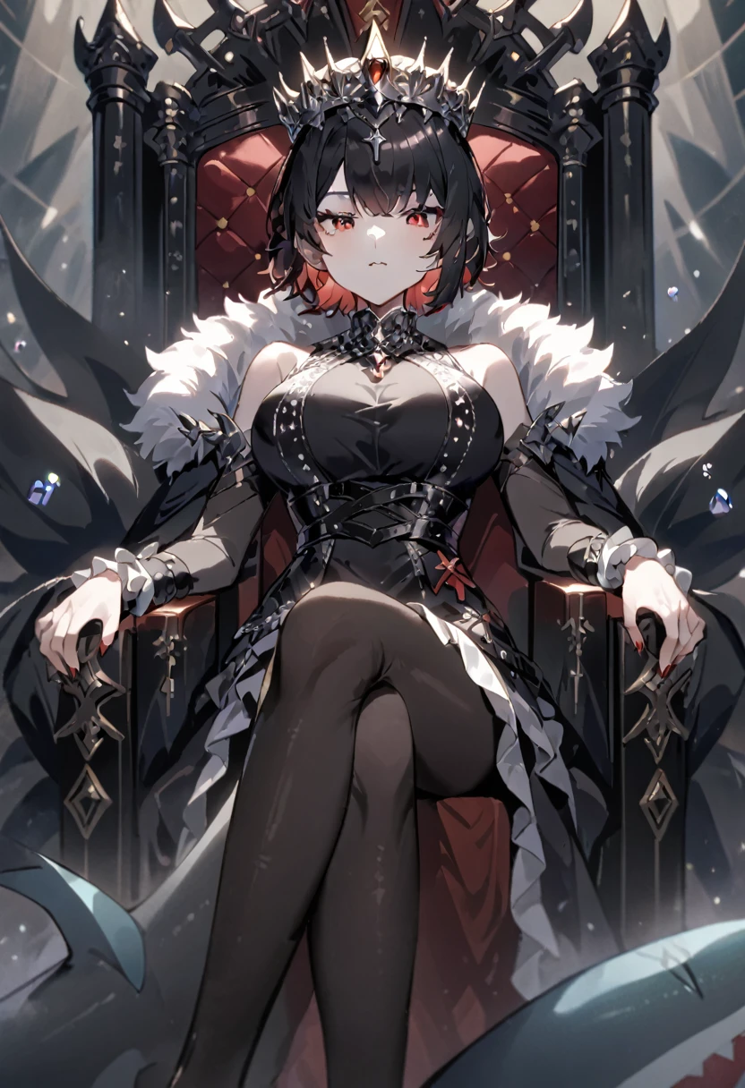 A sitting anime girl,Queen,short hair,Red eyes,Big breasts,Black pantyhose,Jeweled dress,High and cold,Hands at your sides,throne,Black shark tail,Cross your legs,Sexy
