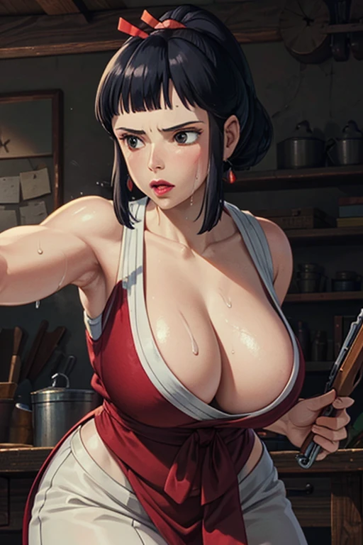 masterpiece, Highest quality,  Unreal Engine,  Super Resolution,  Very detailed, 

One Woman, Lady Eboshi from Princess Mononoke, Cleavage, Physical Beauty, (Muscular:0.8), (Big Breasts), bold, Lips parted,  Observe the audience, 

In a dynamic pose,  Cowboy Shot, 

The World of Princess Mononoke, At the matchlock gun workshop,  Key Visual, 

((Sticky with sweat)),