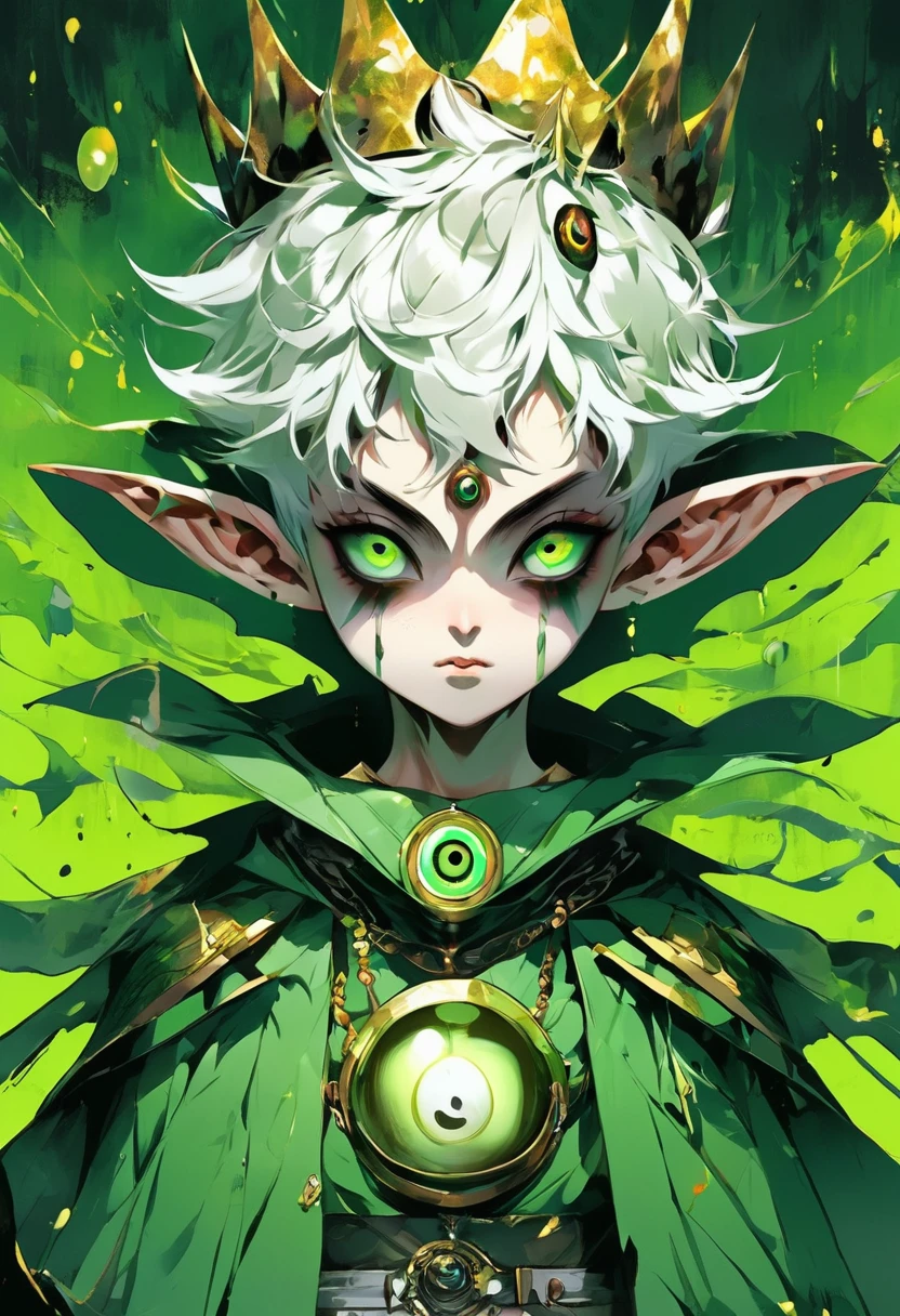 Japanese Anime,Second Dimension,Horror style,horror character,(((Three-eyed boy,独奏,third eye on the forehead,Dark eyeshadow,White short hair,Elf ears,Green Skin,Exaggerated golden crown-eyeball decoration))),(((Wrapped in bandages))).(((Thin waist,Green belt:1.6))).