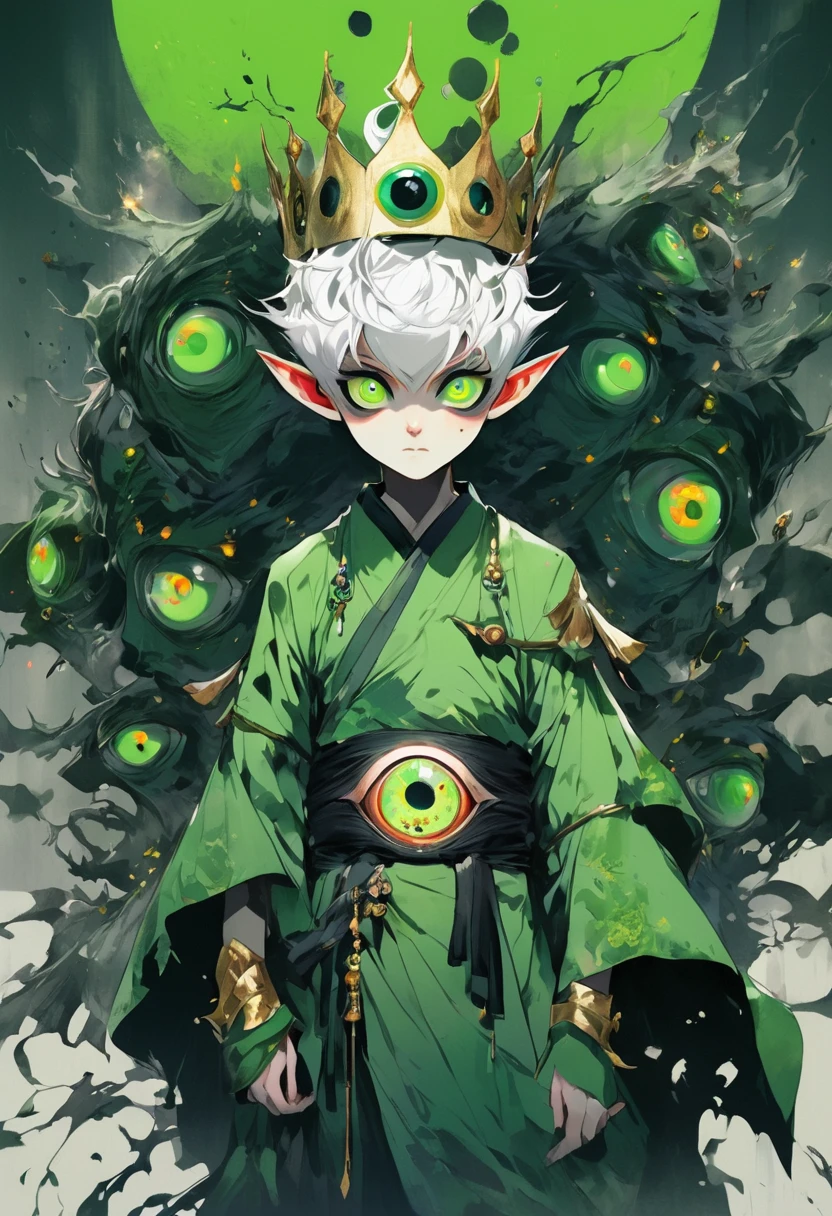 Japanese Anime,Second Dimension,Horror style,horror character,(((Three-eyed boy,独奏,third eye on the forehead,Dark eyeshadow,White short hair,Elf ears,Green Skin,Exaggerated golden crown-eyeball decoration))),(((Wrapped in bandages))).(((Thin waist,Green belt:1.6))).
