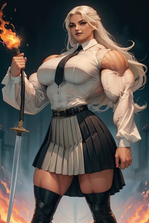 ((((Massive tall, beautiful, buff, light brown skinned muscular swordswoman with white hair, black lipstick, ginormous bulky muscles, carrying a fire sword and wearing a white long sleeve pleated shirt with beautiful long pleated skirt)))), (close view), (massive muscles), long straight hair, ((chained belt)), blue eyes, choker, ((white long sleeve pleated shirt and tie)), neck tie, ((beautiful long pleated skirt)), belt, thigh high socks, black boots, (in a fire city), closed smile, night, massive muscles