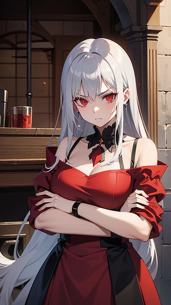 (masterpiece), best quality, AliceKV4, 1girl, solo, looking at viewer, smile, anime coloring,upper body, (blushed, healthy skin), authority, (((sleeveless))), blood on face, breasts, ((sadistic girl, blood on face, blood on hair, bloody girl)), white hair, ((((dark theme, mistress, exposed skin, blood, murderer)))), solo, nsfw, a sexy and bloody murderer