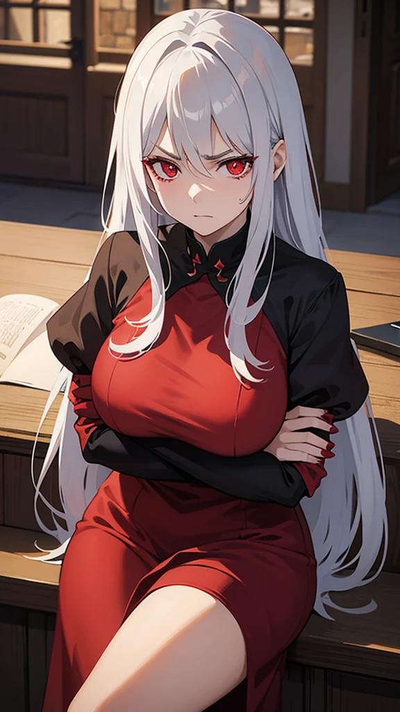 A anime mature woman with long silver hair,she is a vampire,she had a red eye,she wearing a red dress,she folded his arms and looked at the camera with an annoyed expression,scenery is at medieval kitchen behind her