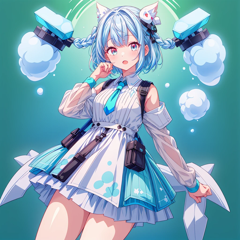 1girl、Character design front view、A picture facing the viewer、(((Super detailed、Highest quality、Masterpiece)))、Original cute hairstyle、Milky white and blue hair color、Simple Green Background、Original cute clothes in jet black and hot pink、