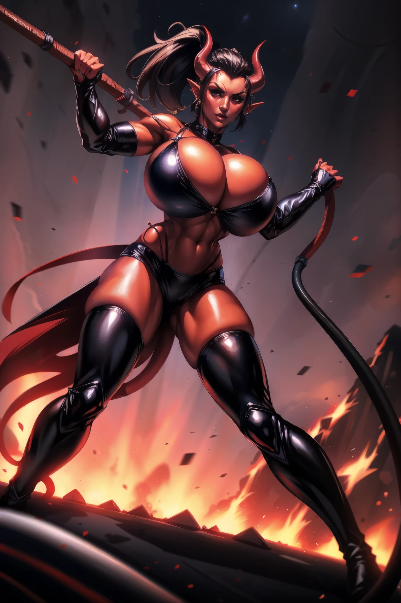 Red skin succubus tiefling, medium breasts, black horns, wings, huge tail, black leather, crop top, long flowing pelvic curtain, tall, toned, graceful, thin, long black ponytail. Action scene, whip. Dark scene, explosions, night sky.
