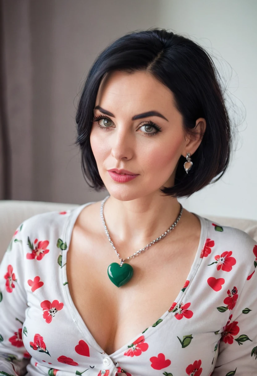 1 girl, solo, woman, 30 yo woman, (((30 years old woman))), (wife), (((dark bob hairstyle, arched eyebrows))), ((small chest)), she's showing her necklace to her HUSBAND, teasing man jade hearts, ((fair skin)), ((round face)), ((cute nose)), ((big plump lips)), ((cute cheeks)), ((adorable sexy cute girl)), hands fondling the jade heart pendant, ((wearing pajama)), sitting in armchair, cozy, hip shape lovely, ((background: indoor bed)) instagram photo, portrait photo, perfect detailed eyes, natural skin,