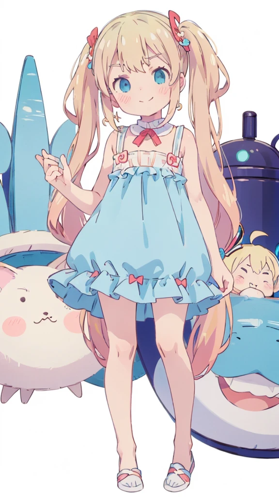 ((masterpiece))((Highest quality))girl、Smirk、blush、Flat Chest、Are thin、Blonde Hair、blush、Are standing、Whole body image、Eye level to the feet、front、No background、真frontのアングル、Blue clothes、Hair is two colors、Twin tails、Red Alice outfit