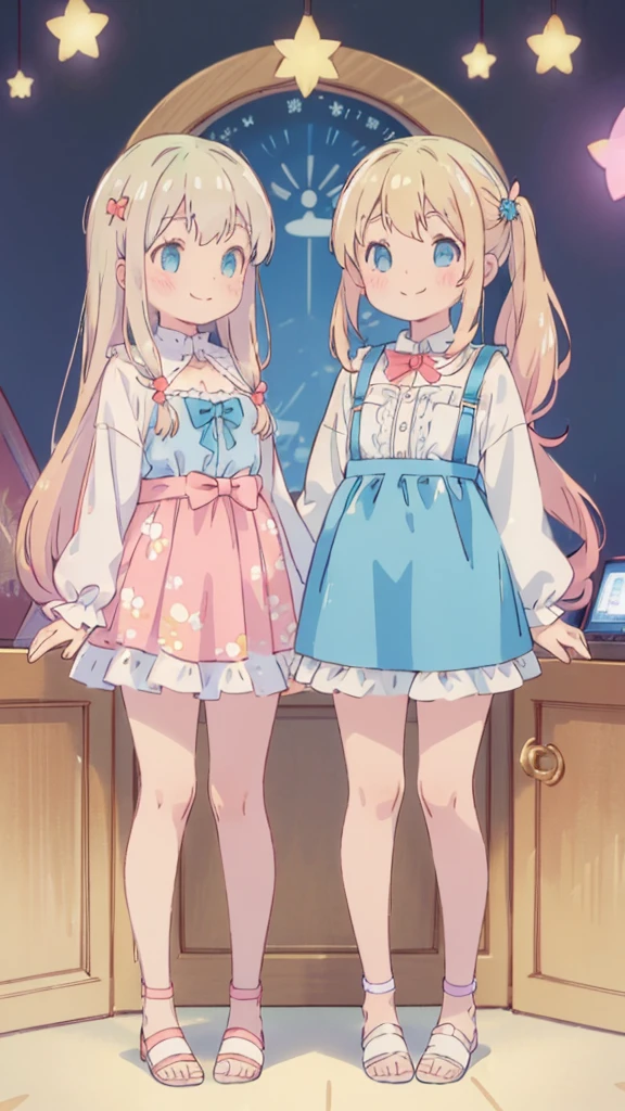 ((masterpiece))((Highest quality))girl、Smirk、blush、Flat Chest、Are thin、Blonde Hair、blush、Are standing、Whole body image、Eye level to the feet、front、No background、真frontのアングル、Blue clothes、Hair is two colors、Twin tails、Red Alice outfit
