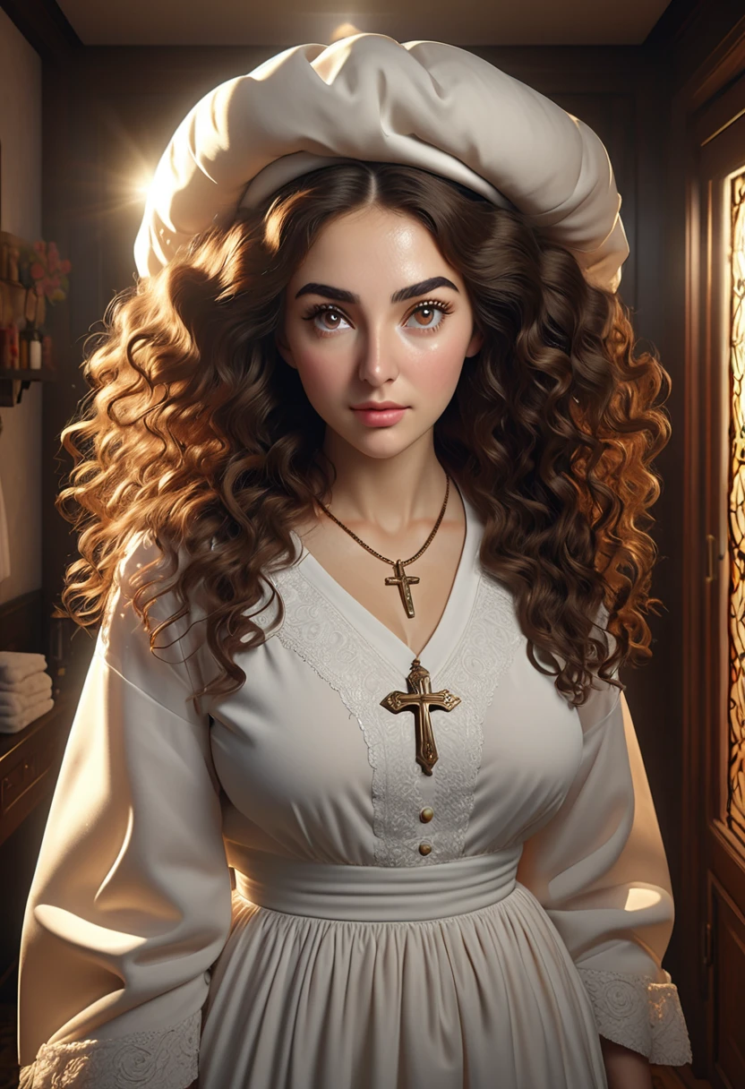 A beautful orthodox jewish women with a thick bushy unibrow and a large bulbous nose. Thick, intense, curly, frizzy, long brown hair. Hair that clogs a drain after one shower. Hair you find on pillows and in corners of the room and in your refrigerator six months after the head from which it grew last visited. Hair that could not be straightened even if you had four hours and three hairdressers double-fisting blow driers. Hair that screams: Jew. Traditional jewish dress, luxurious long dress、hat. curvy hourglass figure. Ultra HD, the symmetrical face, photorealistic photography, path tracing, specular lighting, and volumetric face light enhance the details. Epic lighting, striking silhouette. crucifix necklace. The symmetrical face, photorealistic photography, path tracing, specular lighting, and volumetric face light enhance the details. The scene is captured in maximum quality, masterpiece, 8K high resolution, and top quality