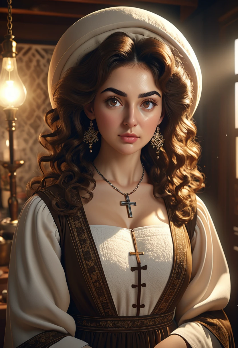 A beautful orthodox jewish women with a thick bushy unibrow and a large bulbous nose. Thick, intense, curly, frizzy, long brown hair. Hair that clogs a drain after one shower. Hair you find on pillows and in corners of the room and in your refrigerator six months after the head from which it grew last visited. Hair that could not be straightened even if you had four hours and three hairdressers double-fisting blow driers. Hair that screams: Jew. Traditional jewish dress, luxurious long dress、hat. curvy hourglass figure. Ultra HD, the symmetrical face, photorealistic photography, path tracing, specular lighting, and volumetric face light enhance the details. Epic lighting, striking silhouette. crucifix necklace. The symmetrical face, photorealistic photography, path tracing, specular lighting, and volumetric face light enhance the details. The scene is captured in maximum quality, masterpiece, 8K high resolution, and top quality