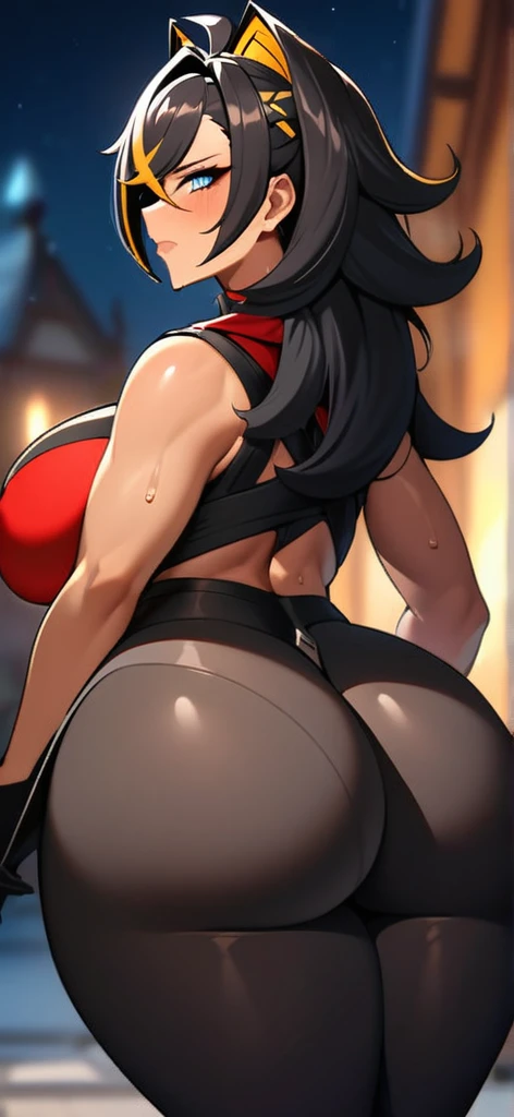 , big ass, big breast, big ass  , high resolution, huge breast, huge ass, thiccwithaq (ai style), dehya  _\(genshin_impact\),  long hair , , blush, extremely detailed face, black leggings , heavenly ass, bubble butt, perfect resolution, big ass, sweat body, thicc ass, night, dark, dark background, blurry background, 