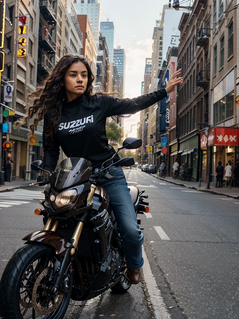Beautiful brown woman, riding a Suzuki gsx-1000 motorcycle, wavy hair loose in the wind, New York city street background.