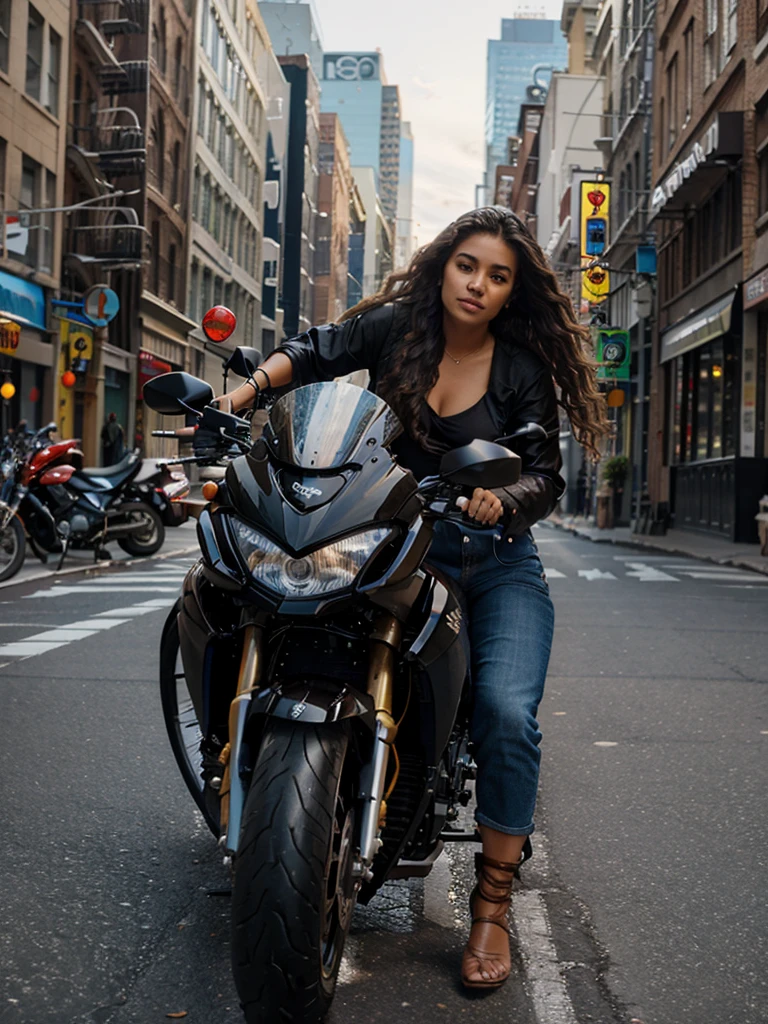 Beautiful brown woman, riding a Suzuki gsx-1000 motorcycle, wavy hair loose in the wind, New York city street background.