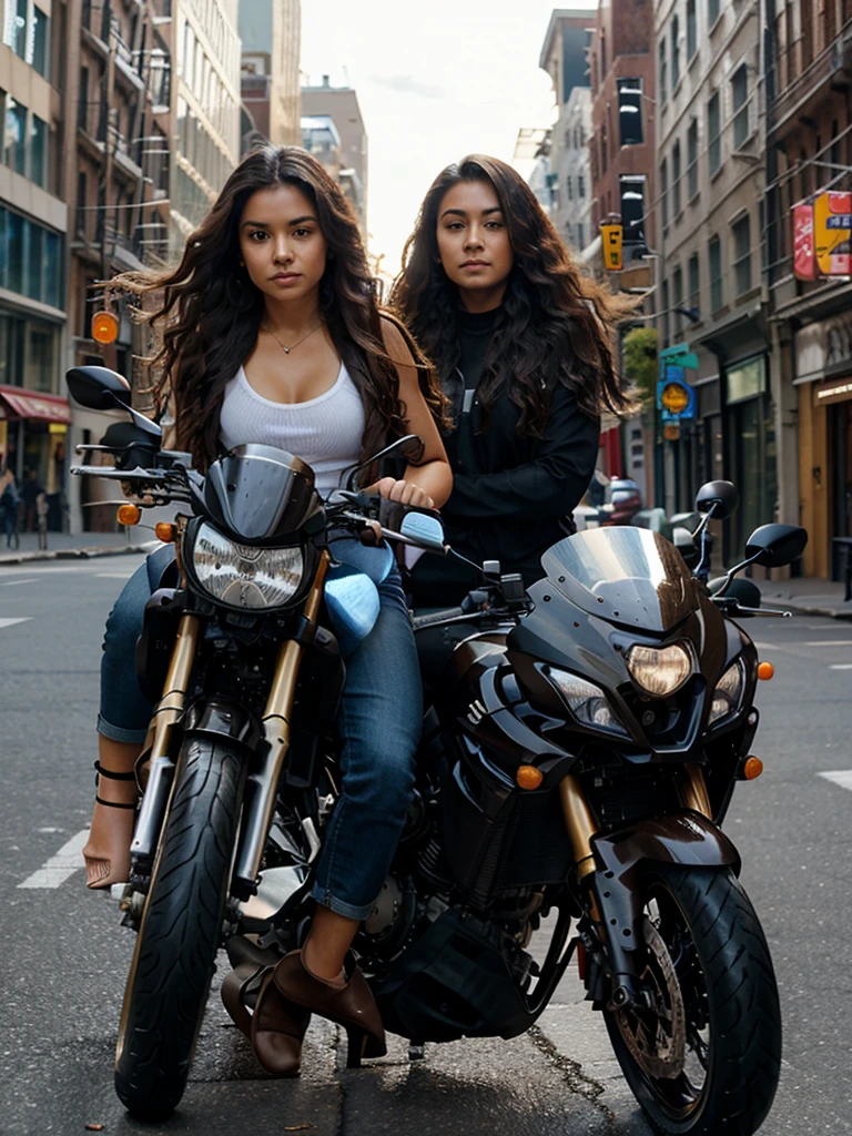 Beautiful brown woman, riding a Suzuki gsx-1000 motorcycle, wavy hair loose in the wind, New York city street background.