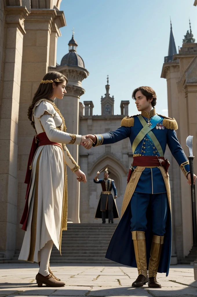 Create a scene with two people in perspective 3/4. The first person is a prince, extending his left hand as if he were offering something. The second person is positioned at a greater distance and two steps lower, with one foot on a step higher than the other. This person has one hand on his sword and the other hand extending towards the prince's hand. The image is seen in such a way that only the back of the protected character is visible but the gesture made by both and almost the entire first character is evident.