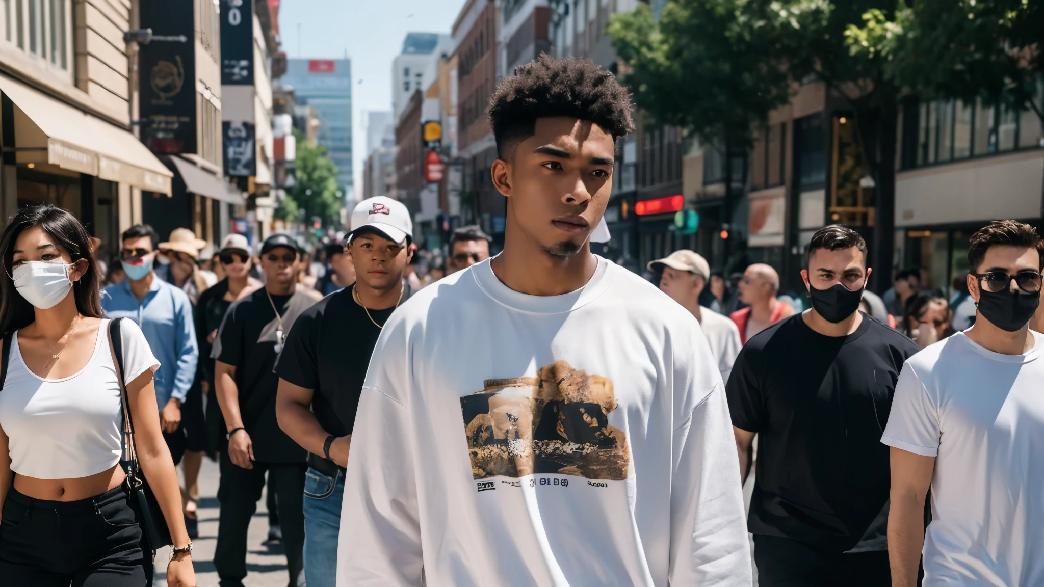 ((black male, 22 years old, handsome, strong built)) walking through a busy street, blending into the crowd, yet lost in their thoughts, representing feeling overwhelmed by the chaos.