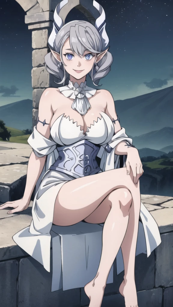 Beautiful arts wallpaper moonlight Outside castle top  High level image quality　best image quality　8K　 adult woman   volcano mountain more colors   whole body view　portrait　 wearing pure white Goddess dress  　horn    ears  　short hair（（shortcut）（gray hair）（perm）（fluffy））　eye color is blue ,   evil face , face detailed , face fixed , smile      ,  labrynth       , barefoot , teasing with her breast,   , sitting with crossed legs  