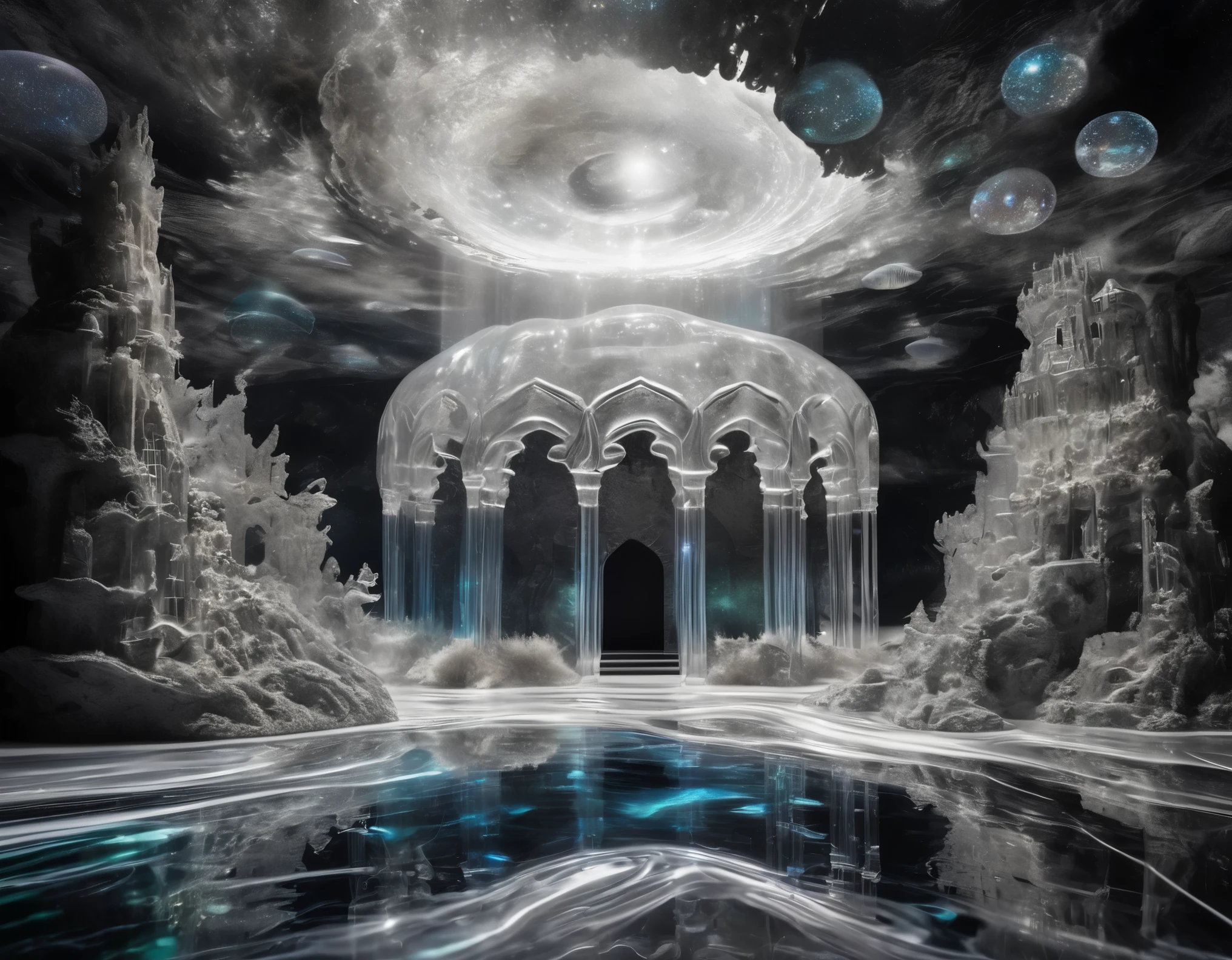 dried sea, sand made of galaxies, transparent translucent ancient castle with complex shape in the Northern Renaissance style, cylindrical waterfall, small fish swimming in the air, black and white coral, mysterious island landscape carved by God, conceptual installation pop art, 2.5D, delicate and dynamic, iridescent sun light effects, colorful effects