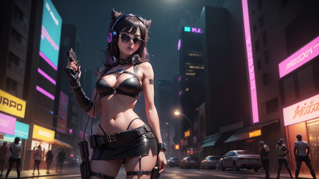 at night, crazy city vaporwave style 4k high definition. (((1girl, solo, alone))), large-breast:1.2 slim body, cleavage:1.1, sexy miniskirt, (((headphone, black sunglasses, standing and holding pistol pose))), (((half-body thigh level medium shot))), cinematic lighting, lens flare, ray tracing.