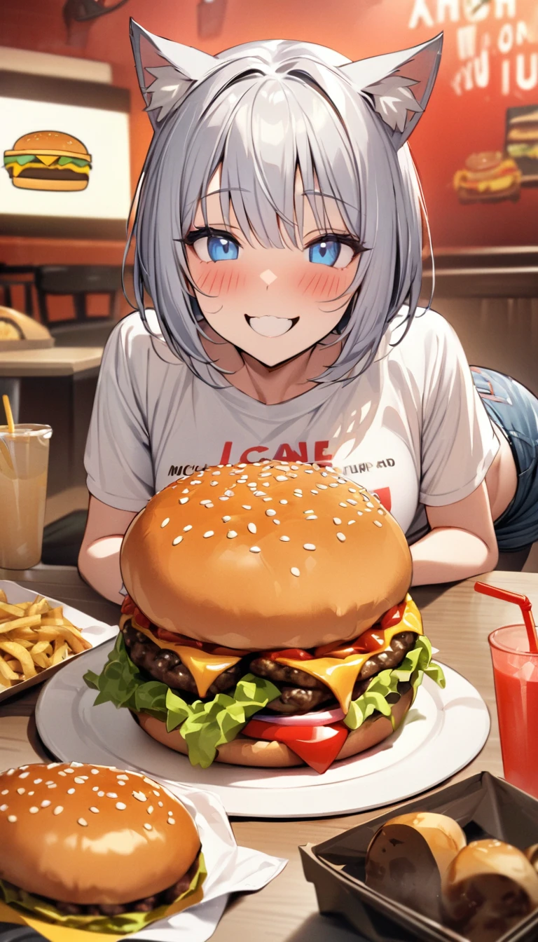 (((best quality)), ((masterpiece)), (details), masterpiece, best quality, high quality, ulutra detailed, perfect face, ((1girl, blue eyes, cat ears: 1.3 silver bob hair: 2.5,)) 、Shiny Hair、Glowing Skin、blush、Lustful look、smile、Eat a cheeseburger with both hands、Inside the hamburger shop、Potatoes, hamburgers and juice on the table、Munch on a cheeseburger、T-Shirts、I can see your skinny belly、Denim shorts、High-top sneakers、