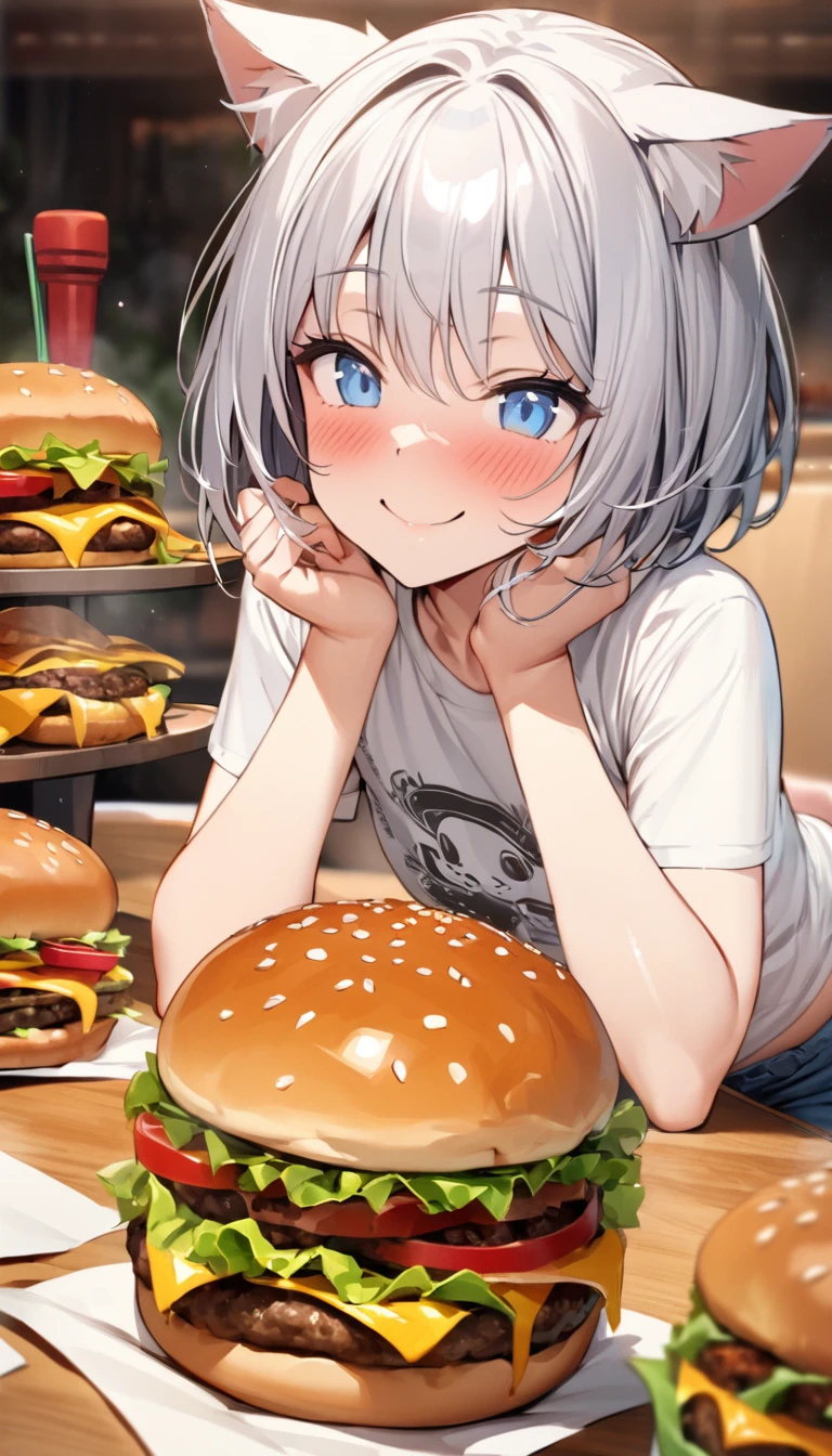 (((best quality)), ((masterpiece)), (details), masterpiece, best quality, high quality, ulutra detailed, perfect face, ((1girl, blue eyes, cat ears: 1.3 silver bob hair: 2.5,)) 、Shiny Hair、Glowing Skin、blush、Lustful look、smile、Eat a cheeseburger with both hands、Inside the hamburger shop、Potatoes, hamburgers and juice on the table、Munch on a cheeseburger、T-Shirts、I can see your skinny belly、Denim shorts、High-top sneakers、