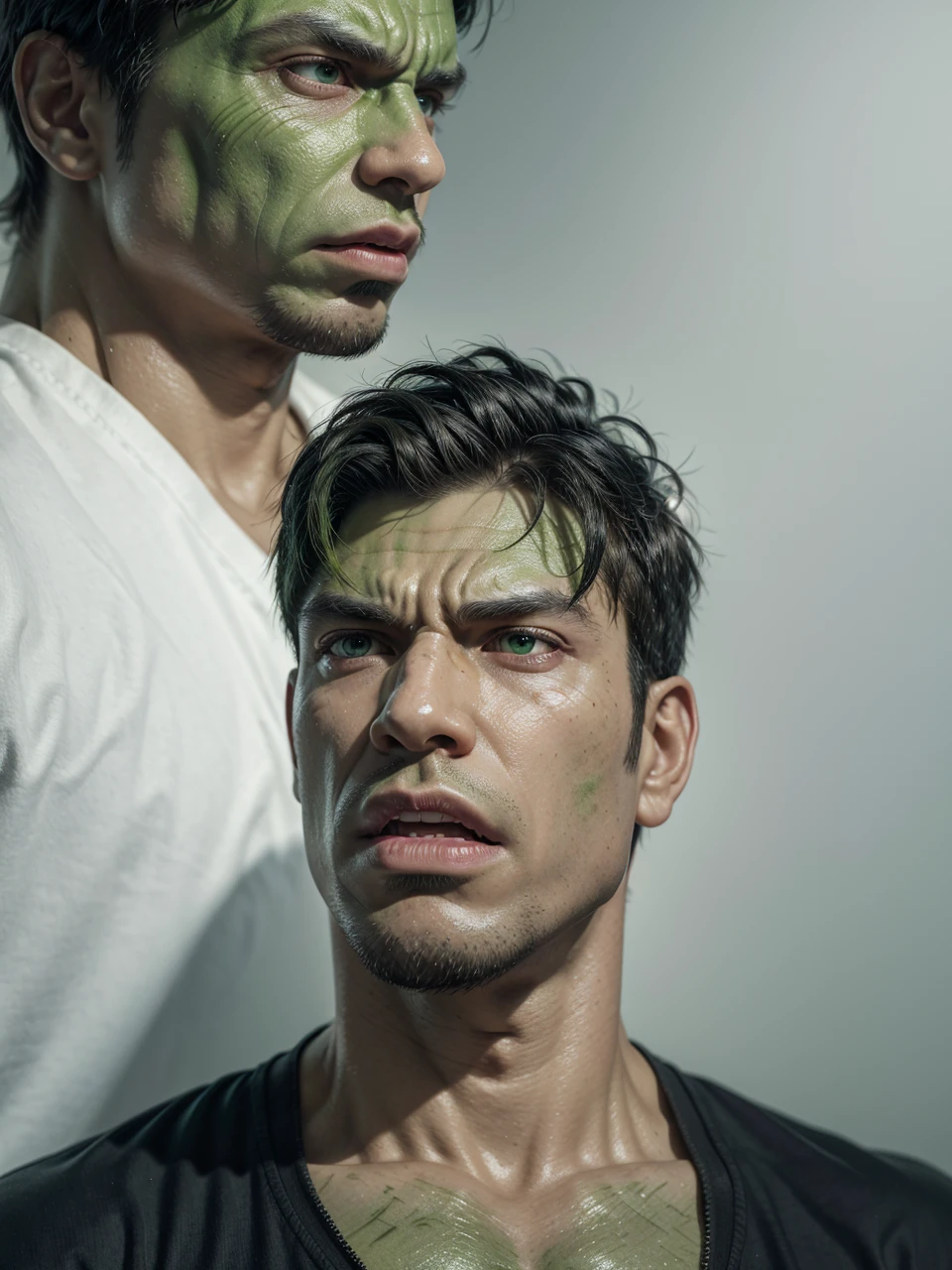transform this image hulk style, with hulk features, green skin color, full hulk, realistic full hd detailed hulk style