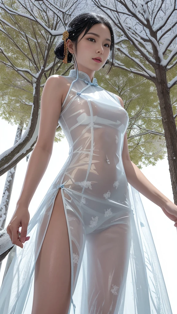 Female elf midget, short ponytailed platinum blonde hair, long sheer see through blue tunic, perfect breasts, toned body, ((short stature)), naked, erect nipples, legs spread, ((kneeling in a meadow outside a temple)), morning light, smile