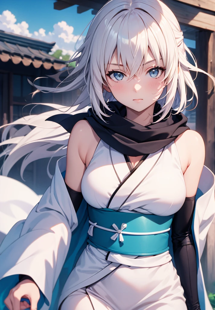 (masterpiece, best quality:1.2), 1girl, 独奏,Wolf girl, fox mask, ninja, girl, long white hair, Blue and green odd eyes, blue kimono, ninja girl, red and blue scarf,Dancing Cherry Blossoms,Full moon backlighting, light coming in, fantastic atmosphere.night、Shadows of light and darkness、Exposed armpits and chest、Flying shurikens、Eyes glowing in the dark、Black fox mask、Fisheye Lens、Expansive starry sky、long hair that spreads、Looking up from afar、Overlooking the city from atop a large cherry tree、Exposed armpits and chest、