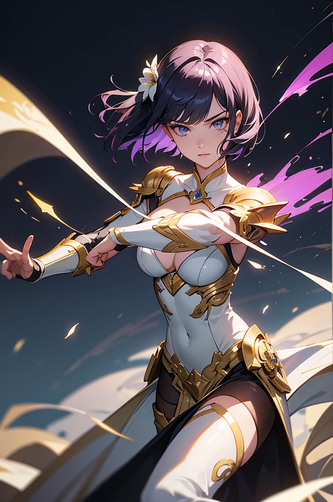 Gold Armor, 4K image, rallies, best quality, masterpiece, movie lighting ,Sexy,Large Breasts,Cleavage,action,In battle,cleavage,noble,Light beams from hands,Golden lightning all around,red hair,ponytail hairstyle,Saint Seiya Capricorn,Close eyes,lipstick,Smile,calm,The sky is shattered