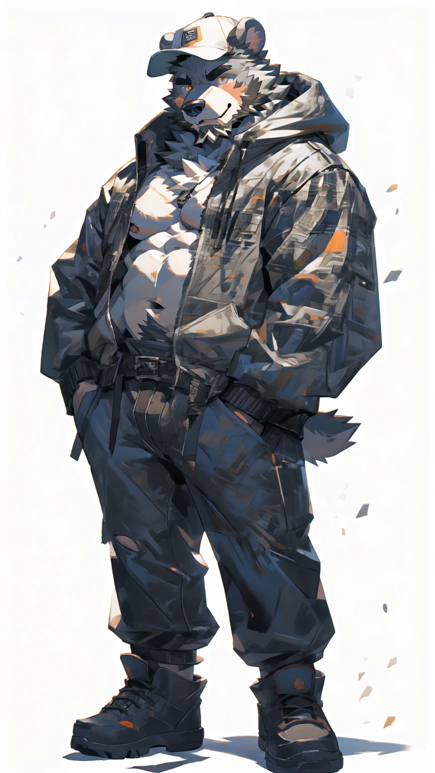 (masterpiece:1.2), best quality,pixiv,official art,perfect anatomy, (Ray tracing, light),solo, (1_male:1.3) , (muscle), (grey fur:1.4), (muscle bear), (beard:1.2), (gleaming golden eyes), bear tail, full body, Thick black eyebrows, baseball cap, (open short hoodie), (naked inside),Ripped short jeans, black short boots, (pure white background: 1.3)