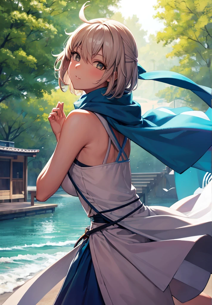 Best Quality, 1 girl, alone, okita_souji, white kimono, scarf, cowboy photography, outdoor, bare shoulders, bare shoulders, sleeveless, looking at the viewer, 