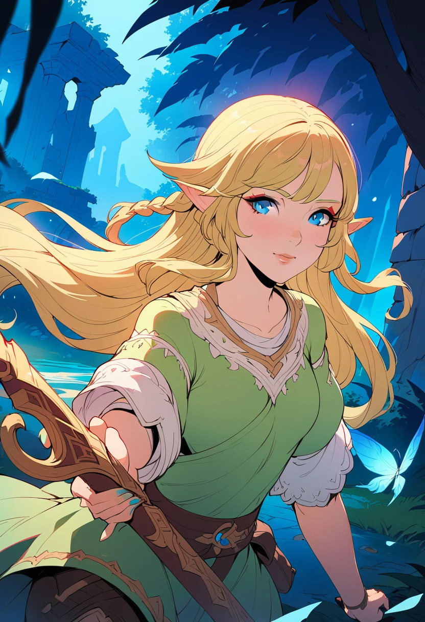 A fantasy landscape, a girl with long golden hair, striking blue eyes, detailed facial features, Exquisite makeup,The cutest girl in the world,close_up,(The Legend of Zelda:1.2),wearing a green tunic, holding a sword, walking through a peaceful forest, sunlight filtering through the trees, magical glowing mushrooms, ancient ruins in the background, vibrant colors, cinematic lighting, intricate details, (best quality,4K,8k,highres,masterpiece:1.2),ultra-detailed,fantasy,adventure,concept art