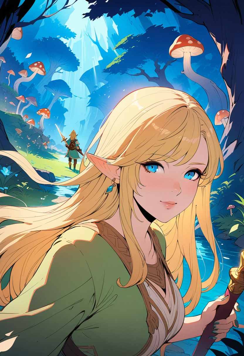 A fantasy landscape, a girl with long golden hair, striking blue eyes, detailed facial features, Exquisite makeup,The cutest girl in the world,close_up,(The Legend of Zelda:1.2),wearing a green tunic, holding a sword, walking through a peaceful forest, sunlight filtering through the trees, magical glowing mushrooms, ancient ruins in the background, vibrant colors, cinematic lighting, intricate details, (best quality,4K,8k,highres,masterpiece:1.2),ultra-detailed,fantasy,adventure,concept art