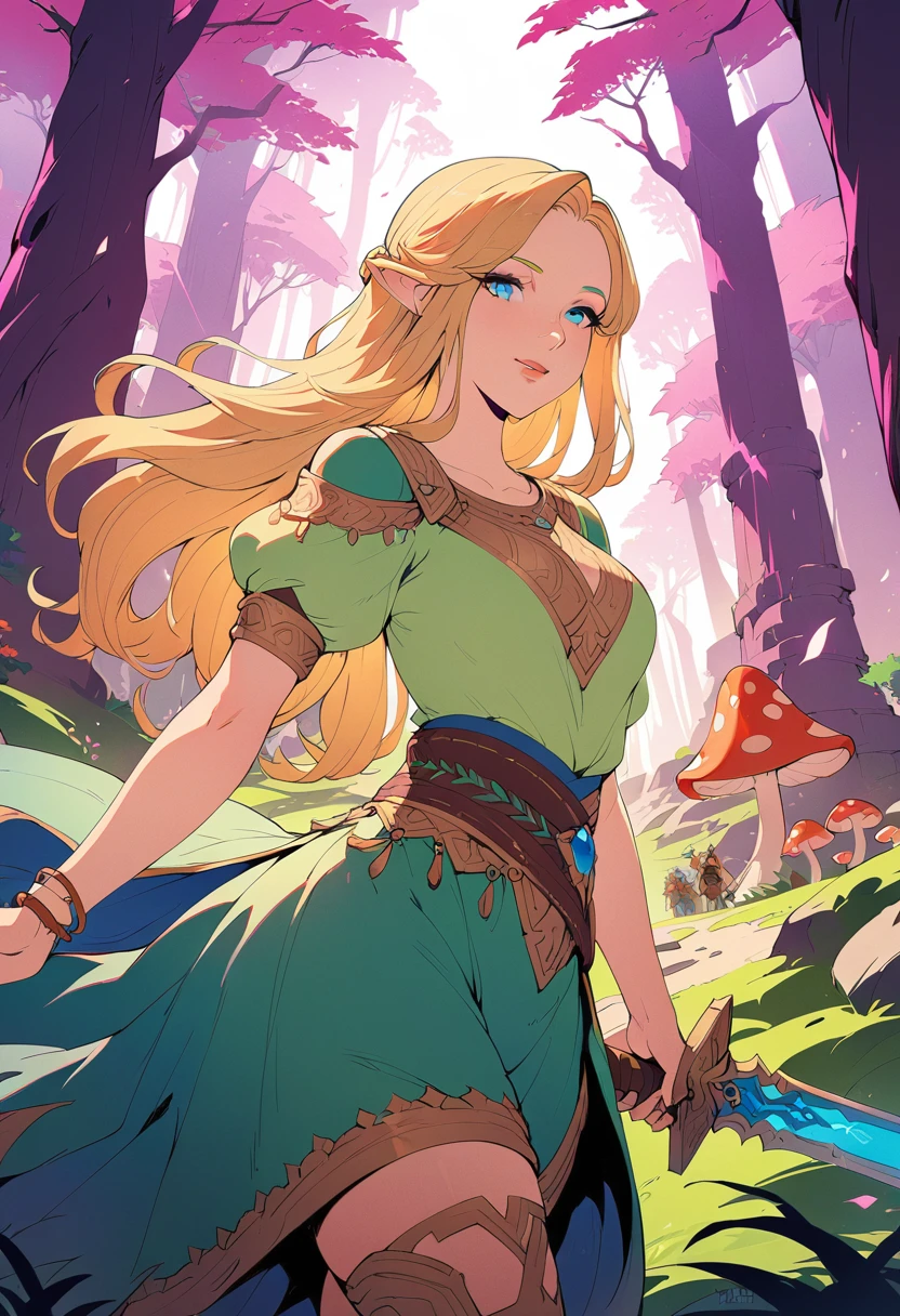 A fantasy landscape, a girl with long golden hair, striking blue eyes, detailed facial features, Exquisite makeup,The cutest girl in the world,close_up,(The Legend of Zelda:1.2),wearing a green tunic, holding a sword, walking through a peaceful forest, sunlight filtering through the trees, magical glowing mushrooms, ancient ruins in the background, vibrant colors, cinematic lighting, intricate details, (best quality,4K,8k,highres,masterpiece:1.2),ultra-detailed,fantasy,adventure,concept art