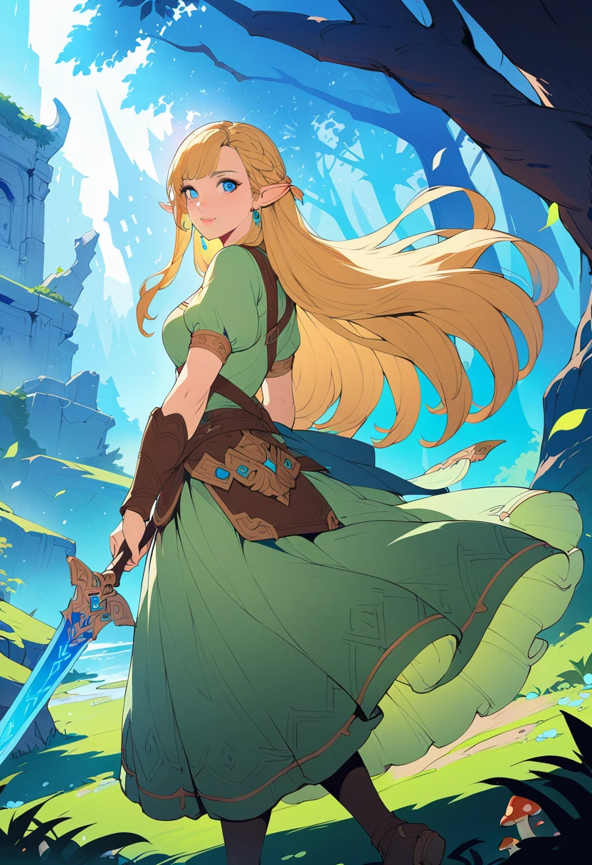 A fantasy landscape, a girl with long golden hair, striking blue eyes, detailed facial features, Exquisite makeup,The cutest girl in the world,close_up,(The Legend of Zelda:1.2),wearing a green tunic, holding a sword, walking through a peaceful forest, sunlight filtering through the trees, magical glowing mushrooms, ancient ruins in the background, vibrant colors, cinematic lighting, intricate details, (best quality,4K,8k,highres,masterpiece:1.2),ultra-detailed,fantasy,adventure,concept art