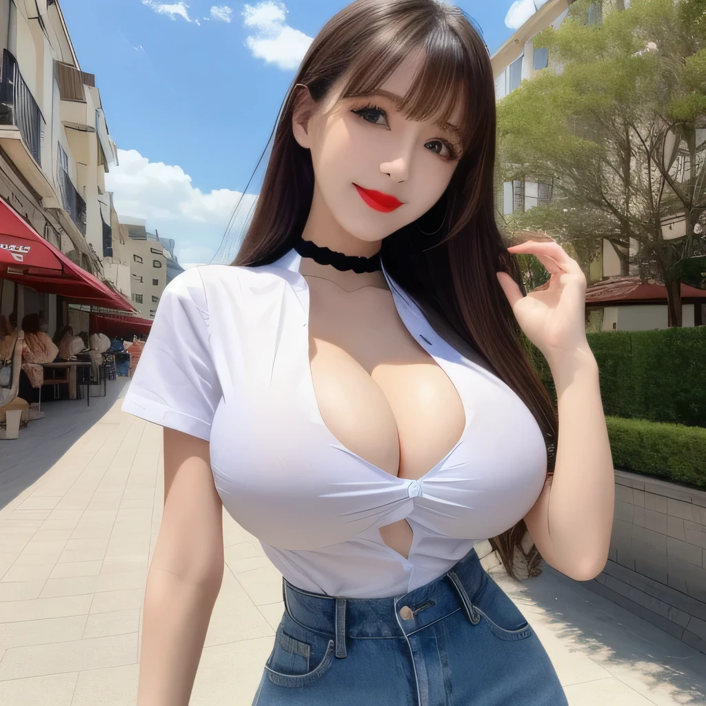 100 Girls,Crowded, Long Hair, Brown Hair, sexy, A line of girls, Girls in line, Girls only, Sisters, ((Tight shirt)),Full body photo:1.9, Adorable, smile, Slim face, The body is slim, 32k, masterpiece, Best image quality,Ultra-high resolution,Perfect hands,Black choker、blue eyes、bangs、Very thick and long eyelashes, Lots of girls、((Big Breasts)), Dependents, Big Breasts, Red lipstick、terrace、blue sky