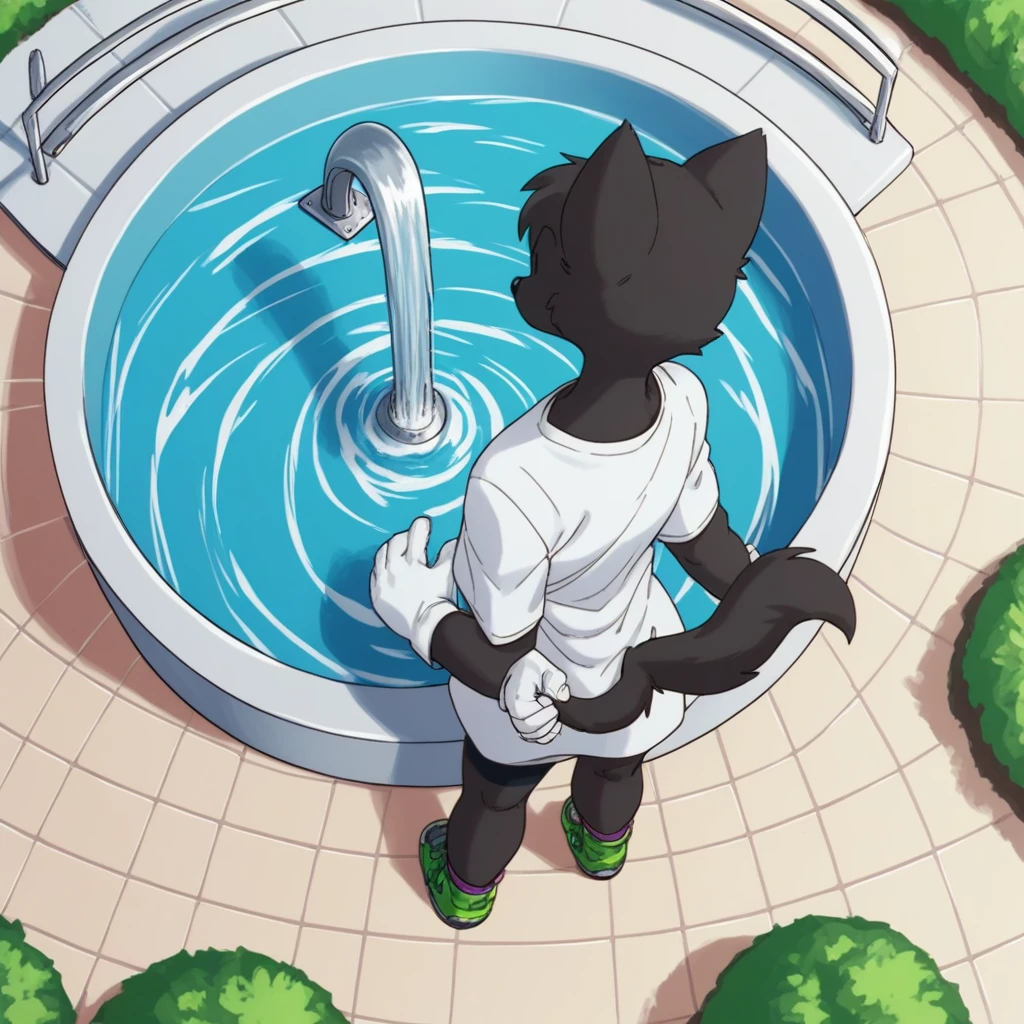 score_9, score_8_above, score_7_above, score_6_above, score_5_above, score_4_above, BREAK, fountain_cheered up,,He saw ,two tails, 1 girl, bike shorts, White shirt, black fur, gloves