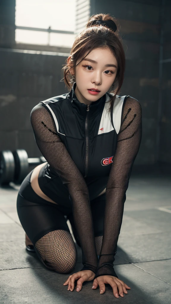 Highly detailed CG Unity 8K wallpapers,top Quority,Super detailed,tmasterpiece,realisticlying,photograph realistic,Very detailed cute girl,17 age old,musculature,Microabs,Round eyes,peeping at the viewer,Be red in the face,parted lip,Half-body shooting,
track suit , gym room,black fishnet stocking , short hair