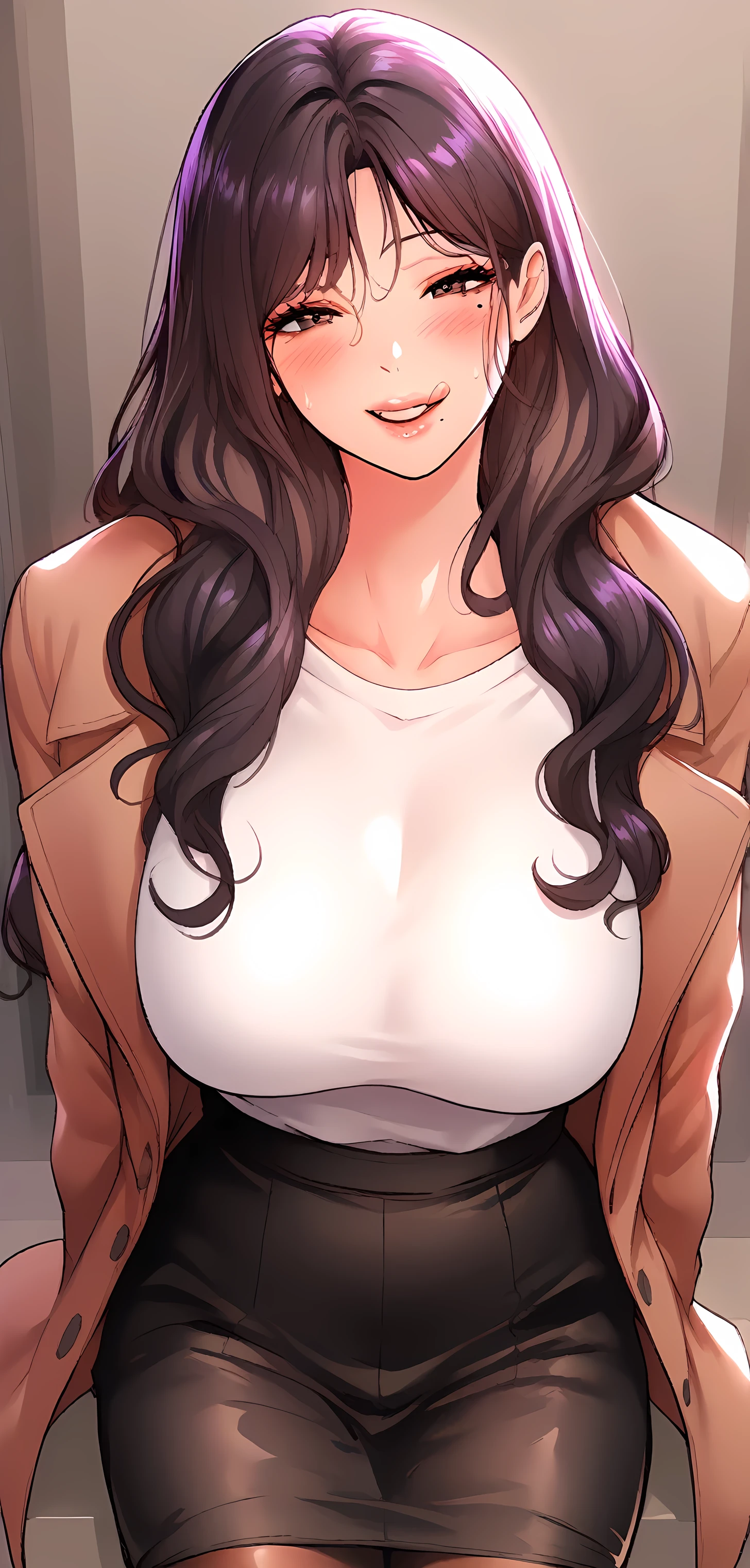 score_9, score_8_up, score_7_up, score_6_up, score_5_up, score_4_up, yu hee, brown eyes, black hair, long hair, large breasts, mature woman, 1girl, pantyhose, solo, breasts, skirt, coat, open_mouth, large_breasts, open_coat, black_pantyhose, mole, black_coat, mole_under_mouth, bangs, purple_skirt, long_hair, black_sweater, turtleneck, pleated_skirt, open_clothes, smile, sweater, long_sleeves, shirt, sweatdrop, miniskirt, tongue, tongue_out, 1girl, long_hair, licking_lips, blush, sweat, purple_eyes, brown_hair, collarbone, lips, purple_hair, smile, solo